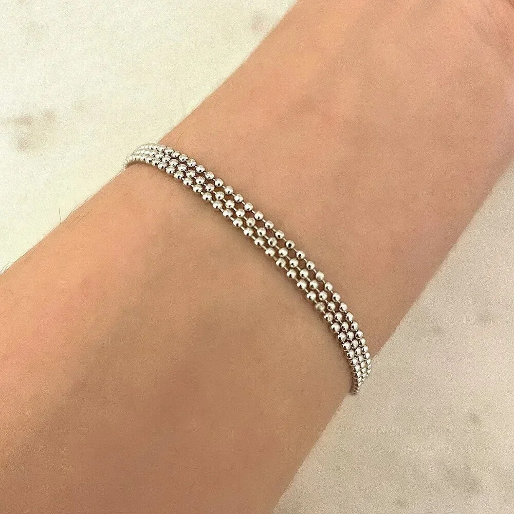 925 Sterling Silver Multi-Layer Bracelet Dainty Bead Bracelet Triple Layer Chain - Picture 3 of 3